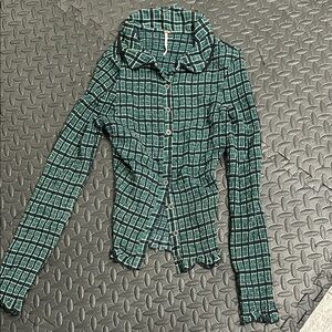 Free People Teal Checkered Long Sleeve Shirt